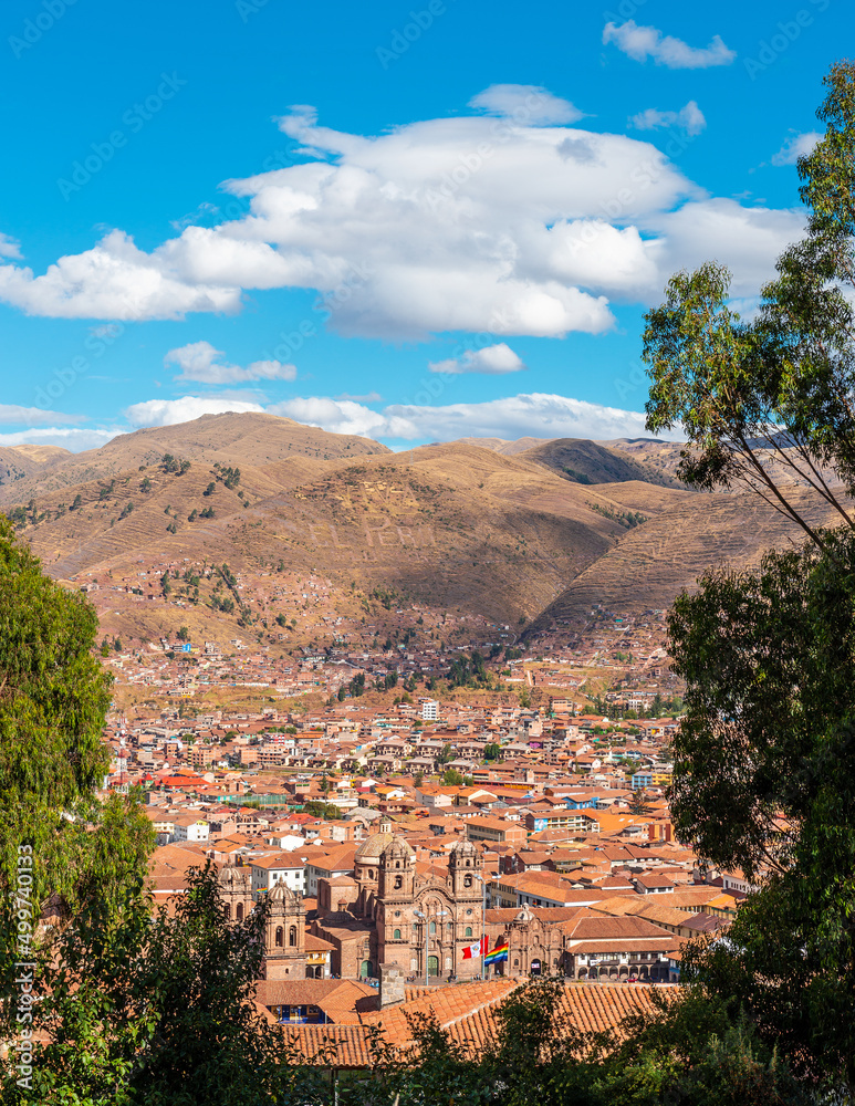 Φωτογραφία Vertical aerial city skyline of ancient inca capital Cusco with Compania de Jesus church and Plaza de Armas square, Cusco province, Peru