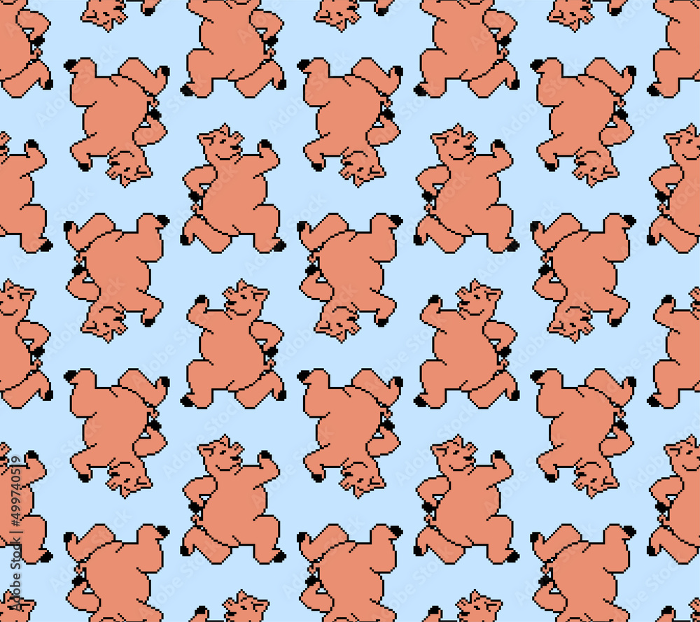 Running pig pixel art pattern seamless. 8 bit swine run background. pixelated Baby fabric ornament Running pig pixel art pattern seamless. 8 bit swine run background. pixelated Baby fabric ornament