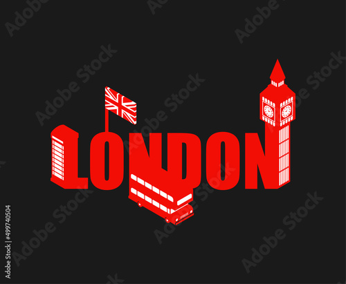 London lettering sign object letters. Typography Landmark of London. Red doubledecker and phone booth. UK flag and Big Ben Elizabeth Tower
