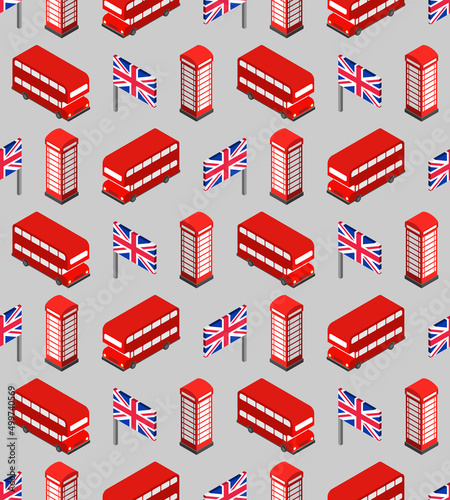 London pattern seamless. United Kingdom background. Landmark of London set icon. Red doubledecker and phone booth. UK flag and Big Ben tower