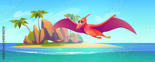 Baby pterodactyl fly above sea. Cute flying dinosaur character. Vector cartoon illustration of tropical island landscape with sand beach, palm trees, ocean and funny dino