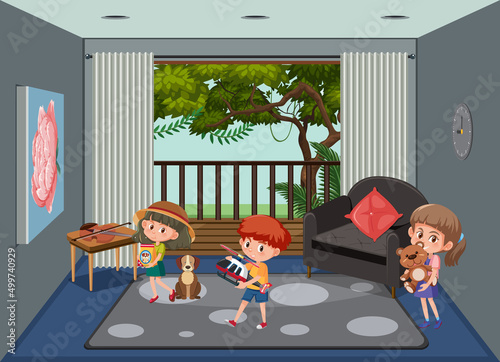 Living room scene with children cartoon character