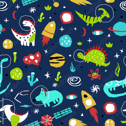 Cutout style dino in space seamless pattern