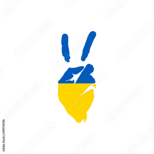 Hand with two finger up gesture in colored ukraine national flag as symbol of winning, victorious, excellent fighting of country
