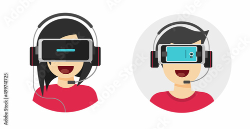 Vr headset icons vector or virtual reality glasses cell phone technology flat cartoon on happy man person and woman girl graphic as cybersport tech illustration modern goggles design image