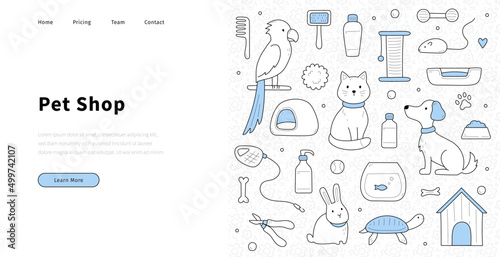 Pet shop banner with doodle cat, dog, parrot, mouse, and bunny. Vector landing page of store with pet accessories with hand drawn animals, aquarium with fish, turtle, scratching post and kennel