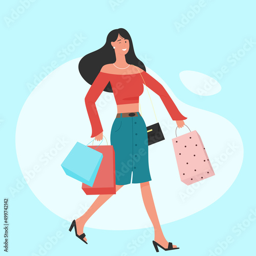 Happy young girl with shopping bags. Sale season and addictive shopper woman flat vector illustration