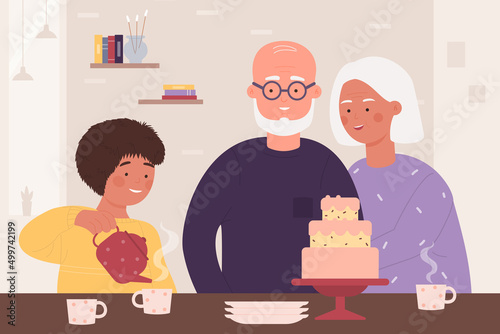 Aged elderly couple and boy dining at home vector illustration. Cartoon grandfather, grandmother and grandson sitting at table, child holding teapot to pour tea background. Family visit concept