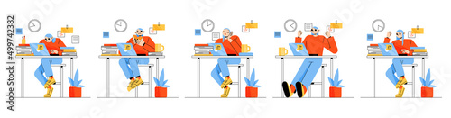 Woman work on laptop at home. Vector set of flat illustrations of girl freelancer emotions. Office employee sleeping, eating, happy, angry, and busy. Concept of online business, freelance