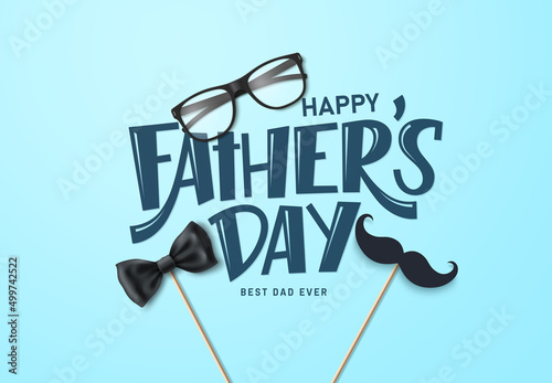 Happy father's day vector background design. Father's day greeting text with sunglasses, bow tie and mustache elements for card decoration. Vector illustration.
