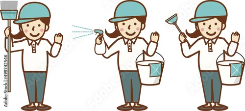 掃除道具を持つ笑顔の作業員の女性のセットイラスト。