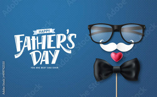Happy father's day vector background design. Father's day greeting text with sunglasses, bow tie and mustache elements for card decoration. Vector illustration.

