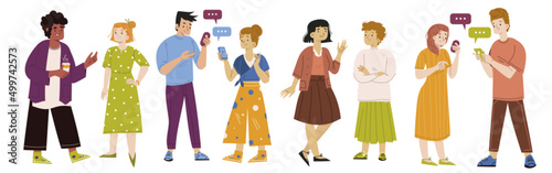 People talk, group of characters speak and communicate with speech bubbles and smartphones. Men and women using gadgets, chatting with friends, communicating persons, Line art flat vector illustration