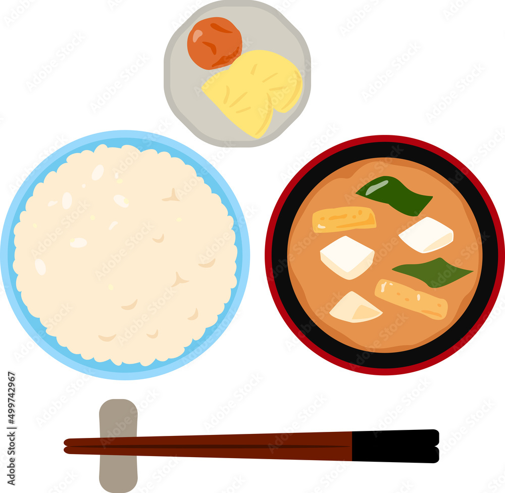 玄米ご飯、味噌汁、漬物の俯瞰