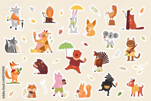 Animals from autumn forest, sticker pack set vector illustration. Cartoon wild flowers, woodland leaves and mushroom, animals and birds in childish scrapbook design collection. Fall season concept