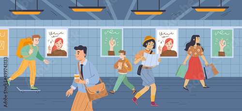 People at subway, underground crossing or metro station. Passerby characters men, women and kids walk through tunnel. Tourist with map, pedestrians, teen on skateboard, Line art vector illustration