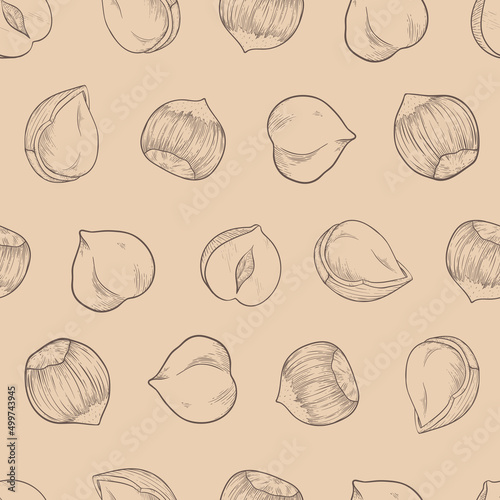 Seamless pattern Hazelnut many fruit nuts and kernels in sketch style. Beige background for packing hazelnut or chocolate, nut paste