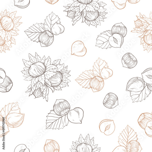Seamless pattern Hazelnut many fruit nuts and kernels in sketch style. Background warm shades for packing hazelnut or chocolate, nut paste photo