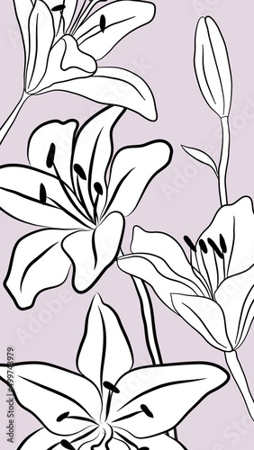 Delicate lilies on pink, stationery background, flower bookmark for planner