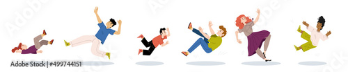 Falling people, clumsy male and female characters fall down due to stumbling, slipping on wet floor, accident, injury, danger, risk, bad luck, misfortune Linear cartoon flat vector illustration, set photo