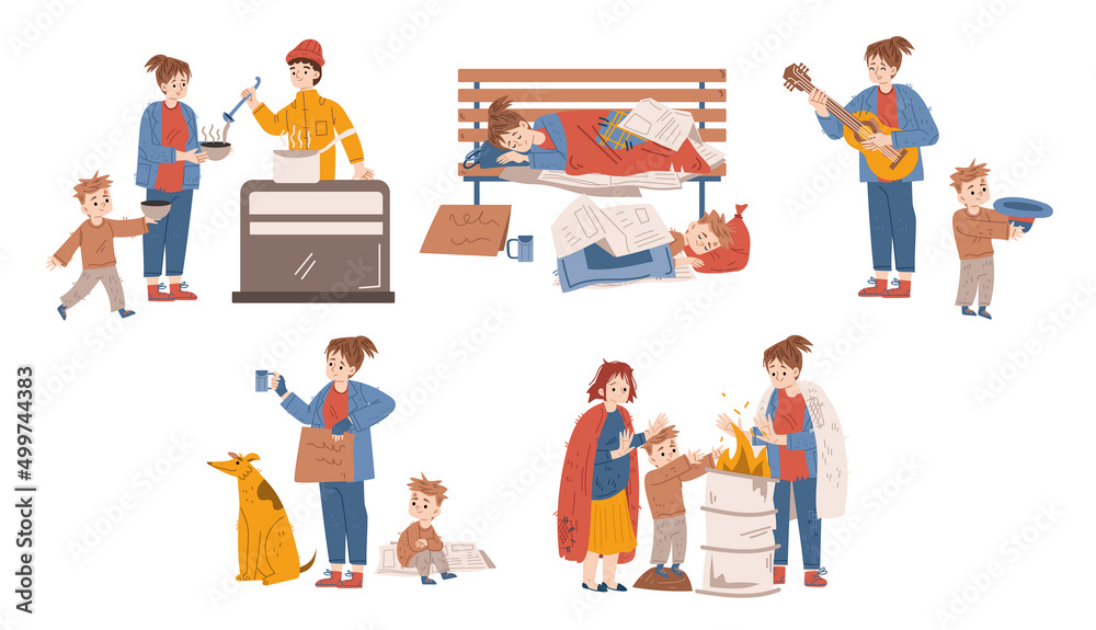 Homeless people in need, woman with child beg money on street. Mother with son eat in shelter, bums wear ragged clothing sleep on bench, warm at barrel. Refugee need help, Linear vector illustration Homeless people in need, woman with child beg money on street. Mother with son eat in shelter, bums wear ragged clothing sleep on bench, warm at barrel. Refugee need help, Linear vector illustration
