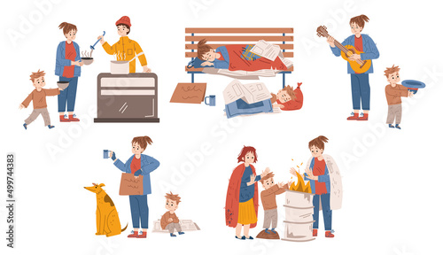 Homeless people in need  woman with child beg money on street. Mother with son eat in shelter  bums wear ragged clothing sleep on bench  warm at barrel. Refugee need help  Linear vector illustration