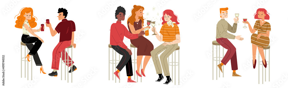People sitting on stools in bar and drink alcohol. Vector flat illustration of happy women and men with wine and beer in restaurant or cafe. Concept of dating or friend meeting