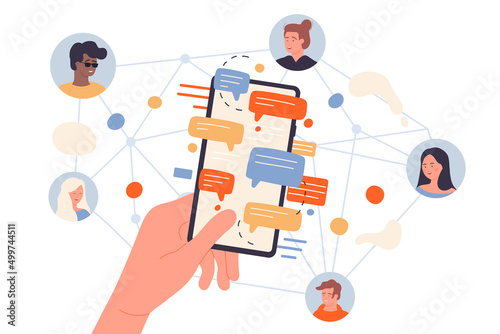 People connect to global network for online communication with friends. Cartoon diverse team of customers using social media chat service, person holding phone with sms flat vector illustration