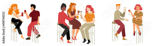 People sitting on stools in bar and drink alcohol. Vector flat illustration of happy women and men with wine and beer in restaurant or cafe. Concept of dating or friend meeting
