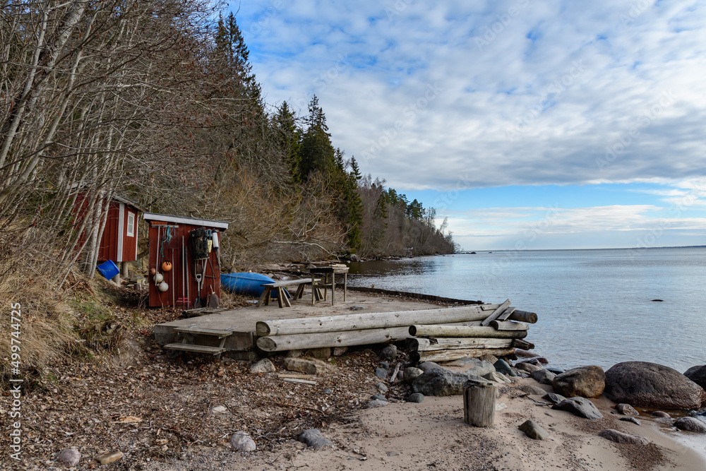 abandoned boat hut at lake vaettern near habo in sweden