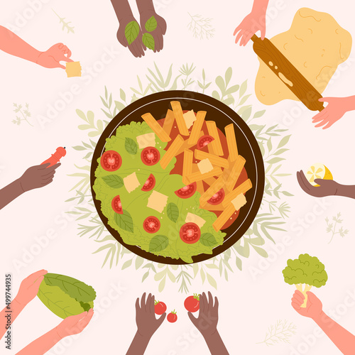 Hands of chefs cook pasta, top view vector illustration. Cartoon people prepare ingredients, roll out dough with rolling pin on kitchen table, hold vegetables, cheese background. Master class concept