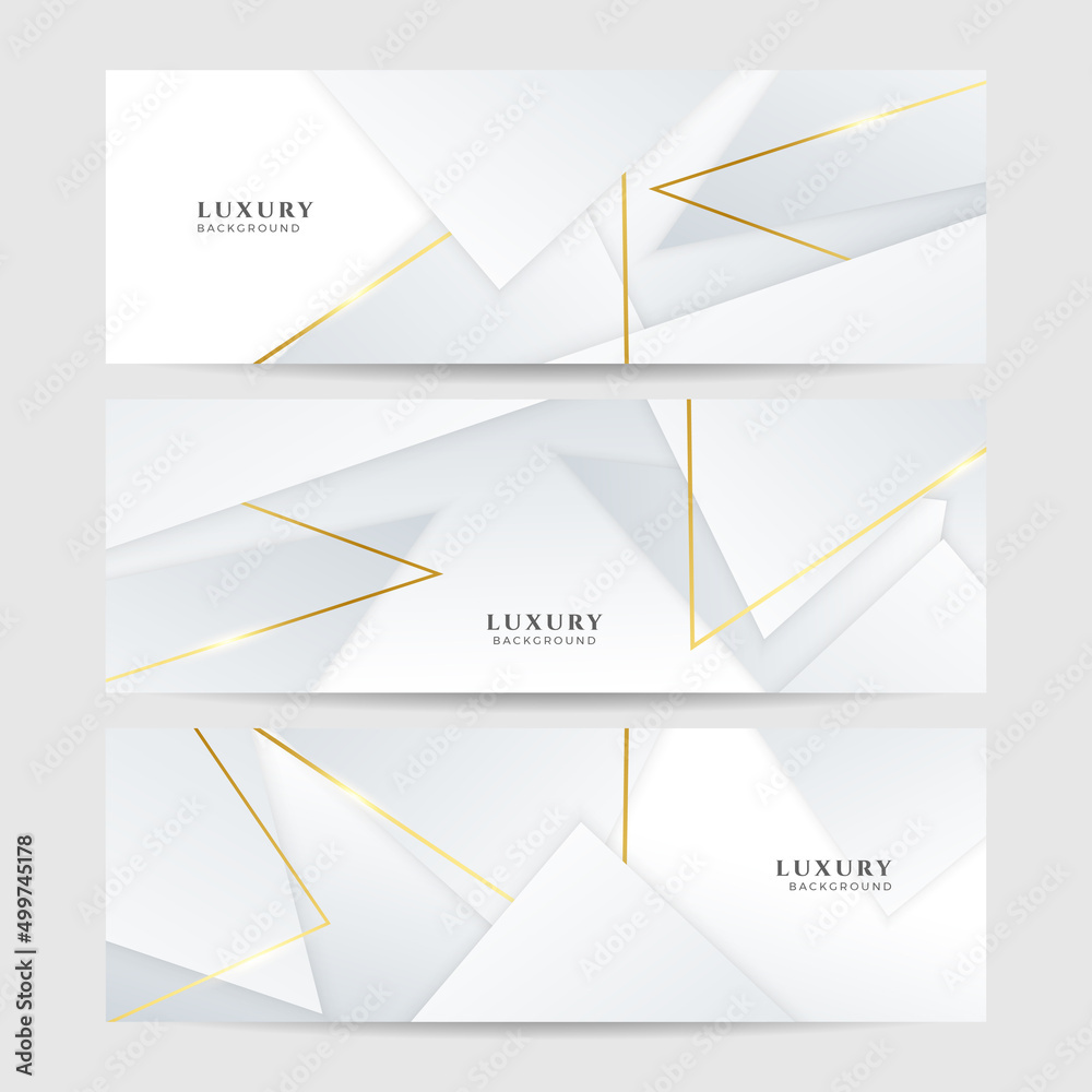 Fototapeta premium Set of premium luxury white and gold abstract line light wave design banner background. Abstract geometric shape white gold background with light and shadow 3D layered for presentation design.