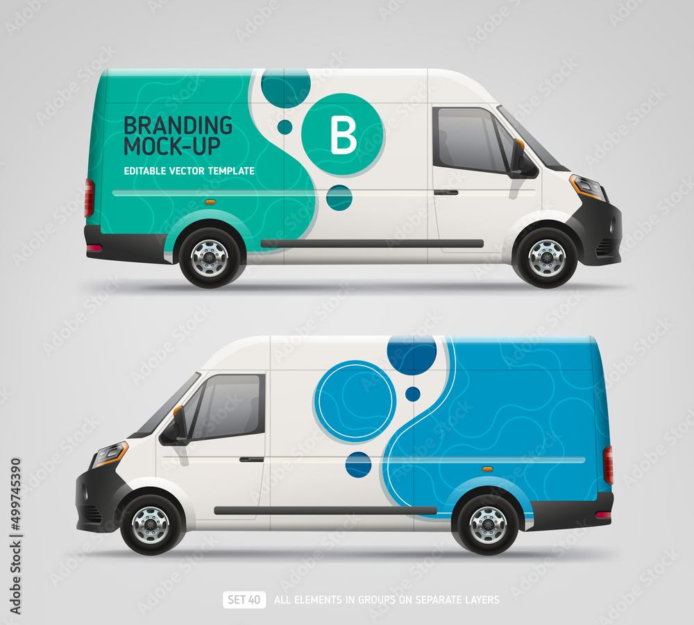 Side view Van Mock-up with abstract blue branding graphics design. Van with corporate identity company. Abstract  graphics for delivery car, company van and racing car. Editable Corporate Car Branding