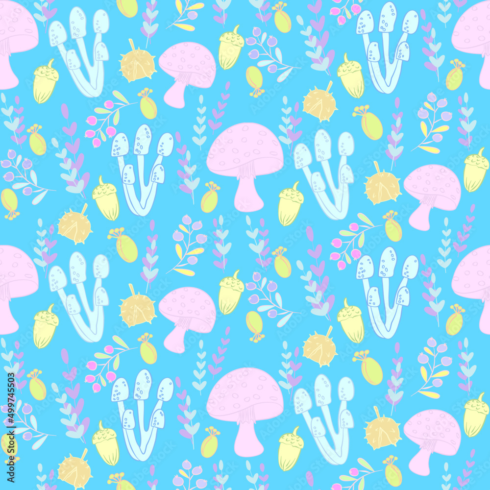 Vector seamless half-drop pattern, with mushrooms Vector seamless half-drop pattern, with mushrooms