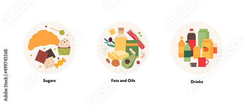 Food illustration collection. Vector flat design of various sugar, fat, oil and drinks symbol in circle frame isolated on white background.