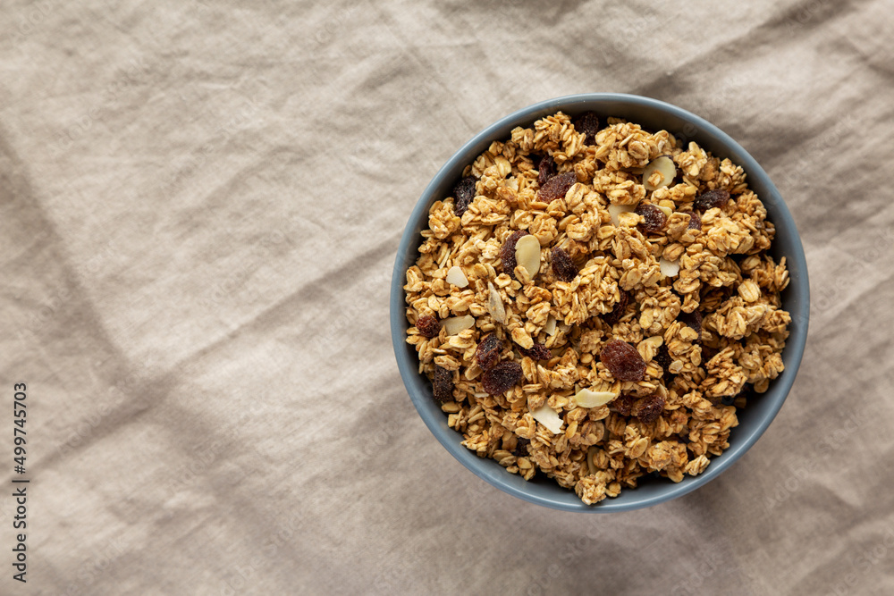 Homemade Granola with raisins and almonds in a Bowl, top view. Overhead, from above, flat lay. Copy space. Homemade Granola with raisins and almonds in a Bowl, top view. Overhead, from above, flat lay. Copy space.
