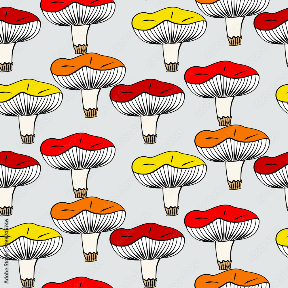 Vector seamless half-drop pattern, with mushrooms Vector seamless half-drop pattern, with mushrooms