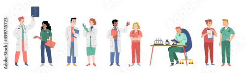 Medical staff, doctors, nurses. Health clinic and hospital workers in uniform. Vector flat set of medicine center team, people with stethoscope, x-ray image, blood test and clipboard