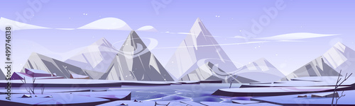 Nordic landscape with frozen lake and mountains in winter. Northern nature scene of valley with ice on river, snow and rocks on horizon, vector cartoon illustration