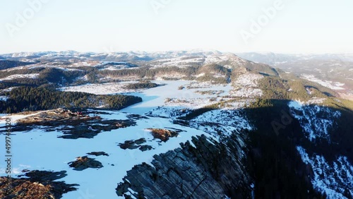 Steep Snow Valley On Sunny Day In Blaheia Mountain Hike, Norway. Aerial Drone photo