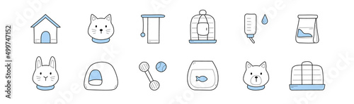 Pets care, zoo shop doodle icons dog booth, cat and rabbit head, scratching post, bird cage and animal food package, toy, home, fish in aquarium and medicine dropper, isolated Linear vector signs set