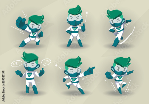 little Super Hero Boy Mascot Character Set healt care concept