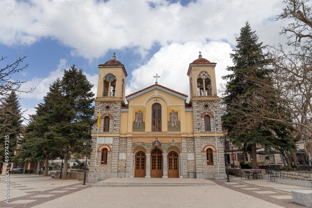 Assumption of Theotokos Church in Kalavryta central square, Peloponnese, Greece. 