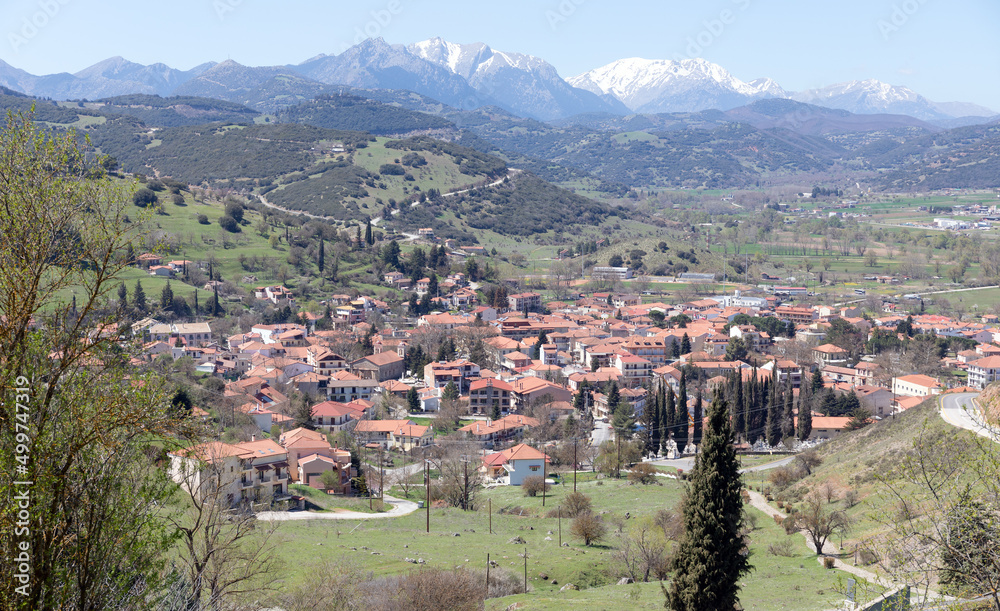 View of Kalavryta town, Erymanthos mount in the background, Peloponnese, Greece.