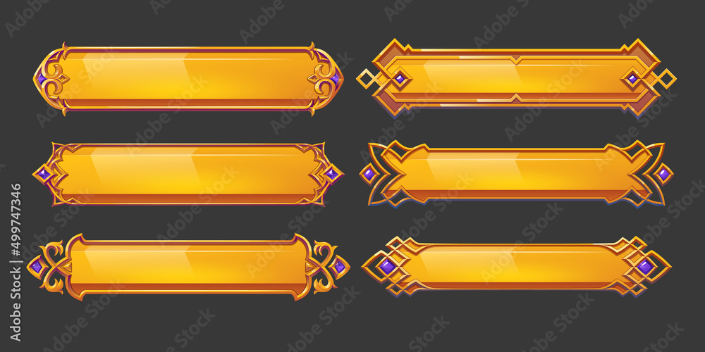 Medieval buttons, ui game menu elements, gold oblong banners with decorated ornate rims. Empty royal gui bars for rpg or arcade, golden borders, web design interface Cartoon 2d vector illustration set - obrazy, fototapety, plakaty 