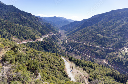 Panoramic view of Vouraikos gorge from Mega Spilaio monastery, Achaea, Greece. photo