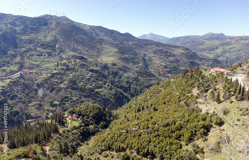Panoramic view of Vouraikos gorge from Mega Spilaio monastery, Achaea, Greece. photo