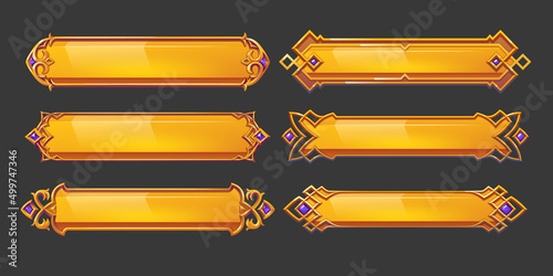 Medieval buttons, ui game menu elements, gold oblong banners with decorated ornate rims. Empty royal gui bars for rpg or arcade, golden borders, web design interface Cartoon 2d vector illustration set