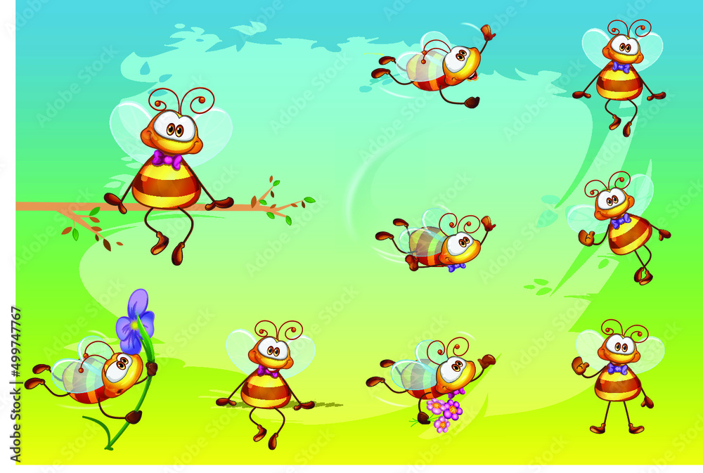 Obraz premium Funny bee. Collection of bees. Background. Cheerful, loving, romantic. The bee is sitting. The bee is flying. Holds a flower. Gardener bee.