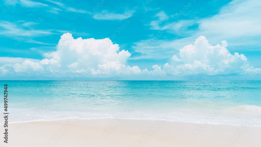 Beautiful tropical beach with blue sky and white clouds abstract texture background. Copy space of summer vacation and holiday business travel concept. - obrazy, fototapety, plakaty 